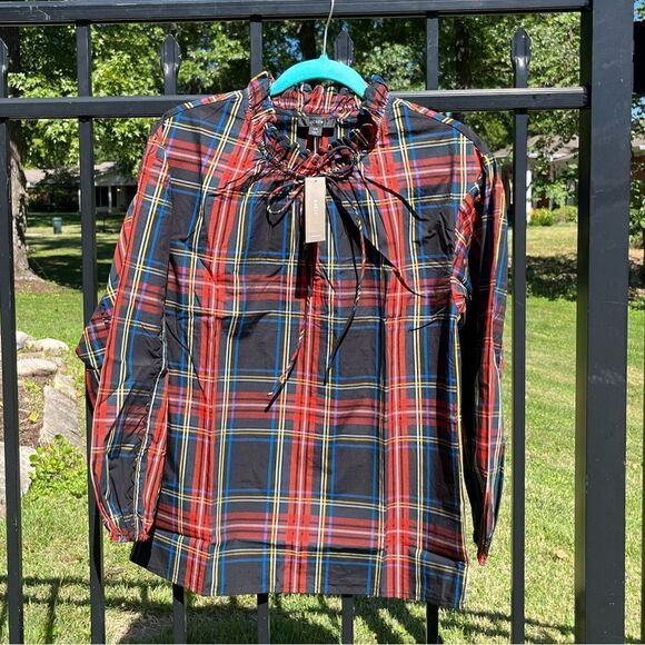 J Crew Stewart Tartan Plaid Tie Neck Scalloped Top NWT - Picture 11 of 14